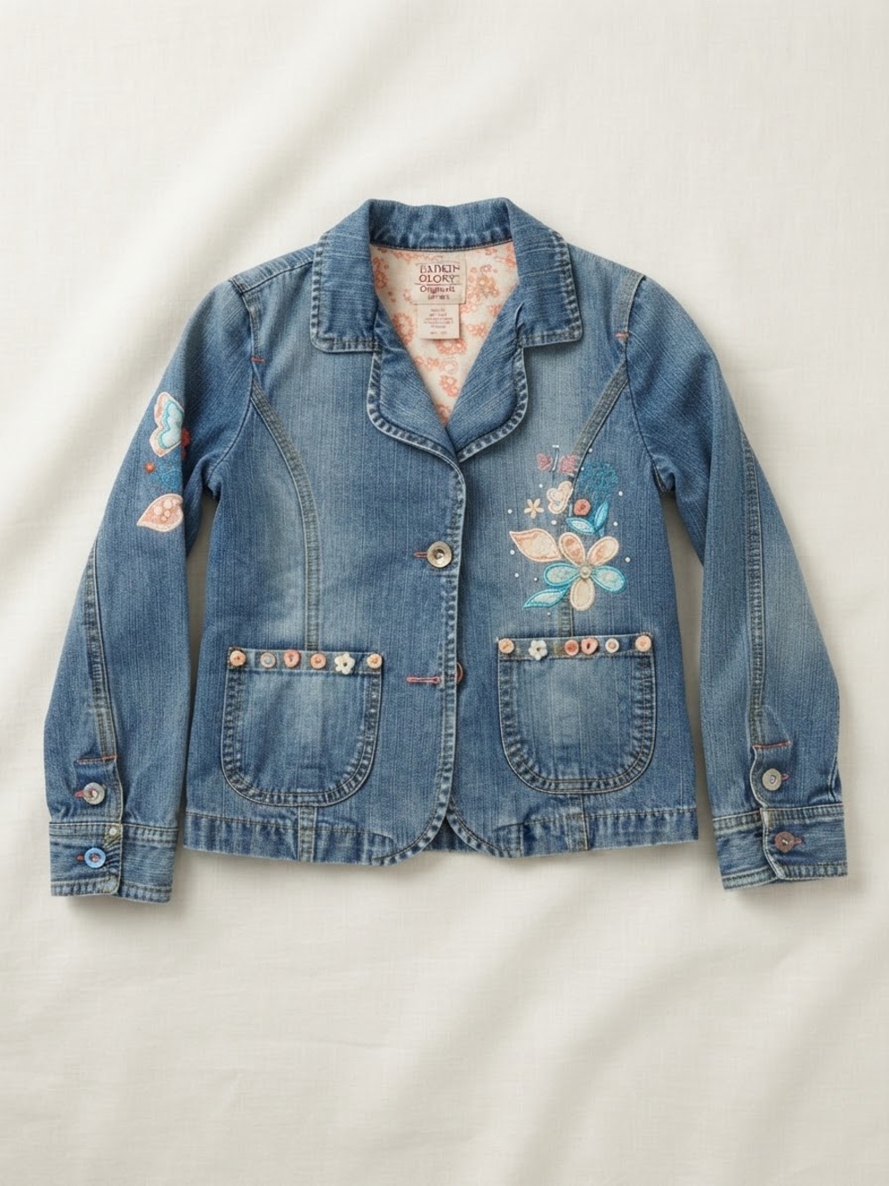 Vintage Y2K Faded Glory Embroidered Butterfly Flowers Denim Jacket Size 6 Cotton